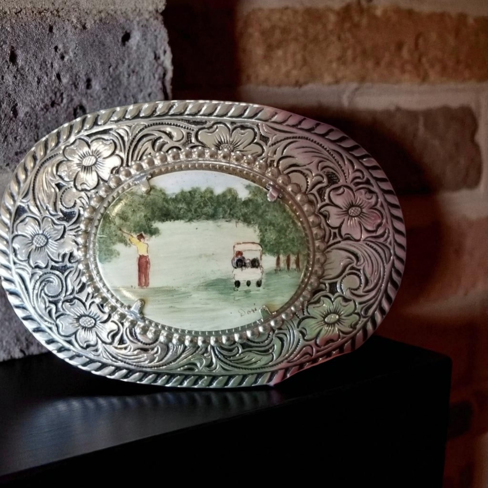 Artisan Silver Oval Golf Belt‎ Buckle Handpainted Nature Golf Scene Gift For Him